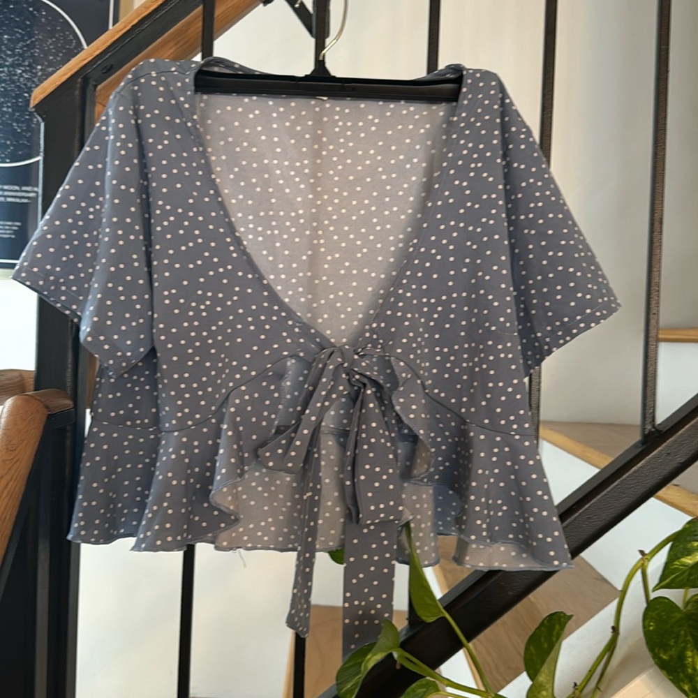 Blue & White Polka Dot Front Tie Shirt